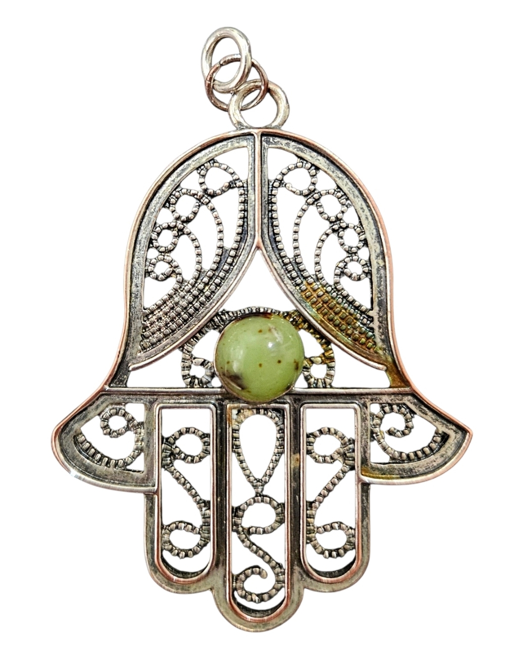 Vintage HAMSA Fatima jade pendant pewter charm Chamsa boho spiritual VGUC